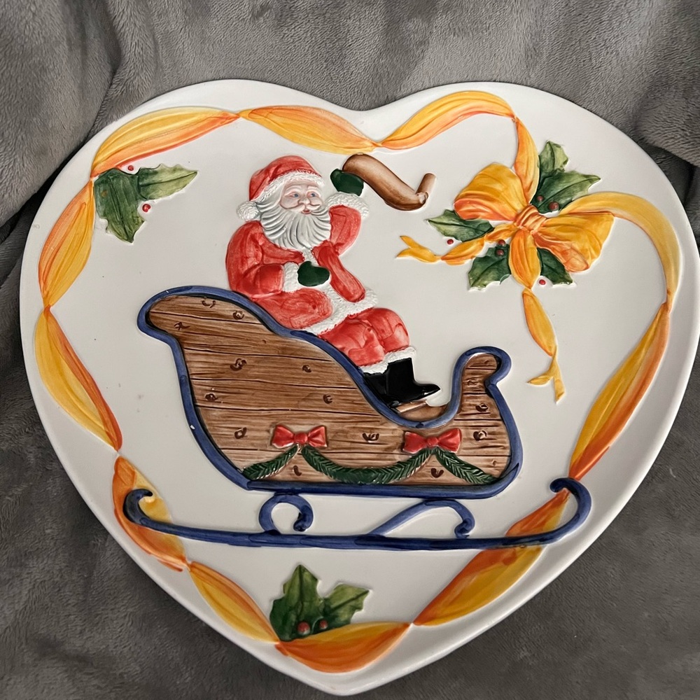Vintage Rare Ceramic Santa Claus Christmas Platter Plate Hand Painted in Italy